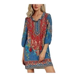Urban CoCo Bohemian Red and Blue Floral Dress L